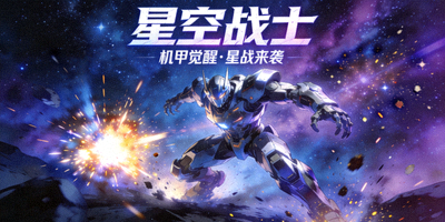 日本动漫《星空战士》海报，机甲战士在星空背景下战斗